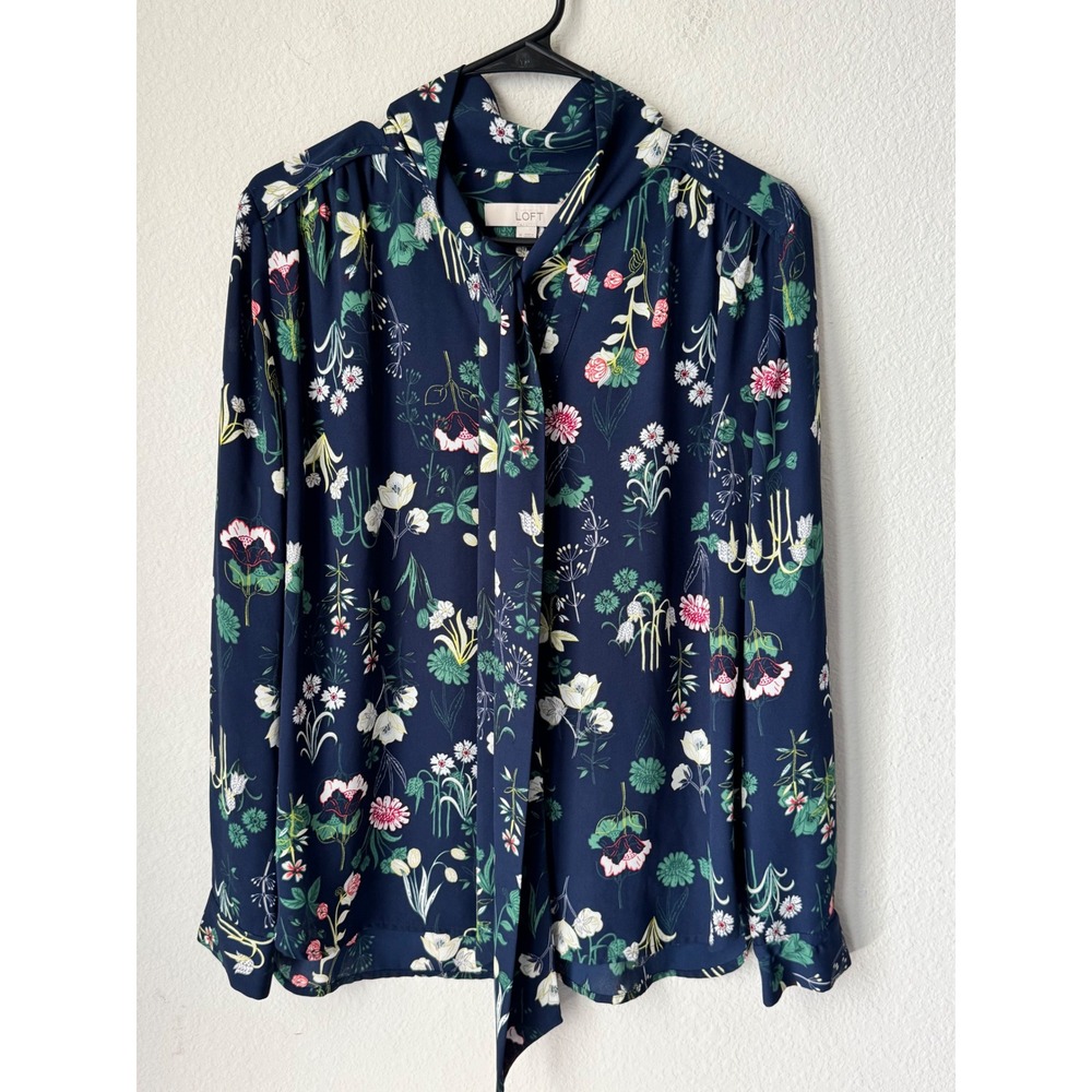 Loft Navy Blue Floral Tie Neck Blouse Long Sleeve Botanical Print Top Size M